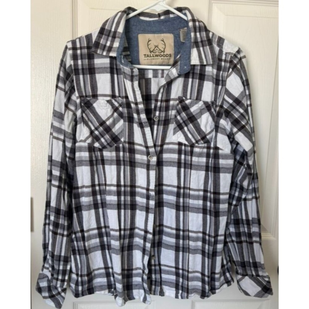 Tallwoods Element Wear Women Button Down Blk Checkered Shirt Large 100% Cotton